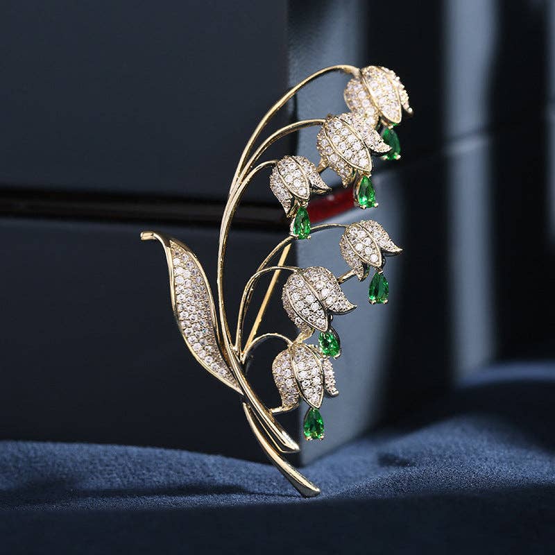 Gold Lily Of Valley Flower Wedding Brooch in Solid Copper: Green
