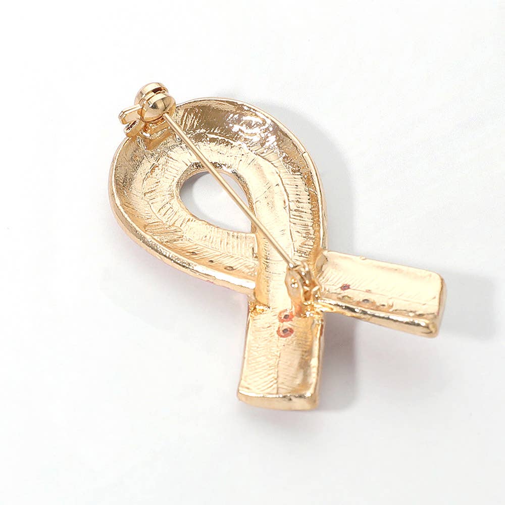 Rhinestone Embellished Pink Ribbon Pin Brooch: Gold,Pink
