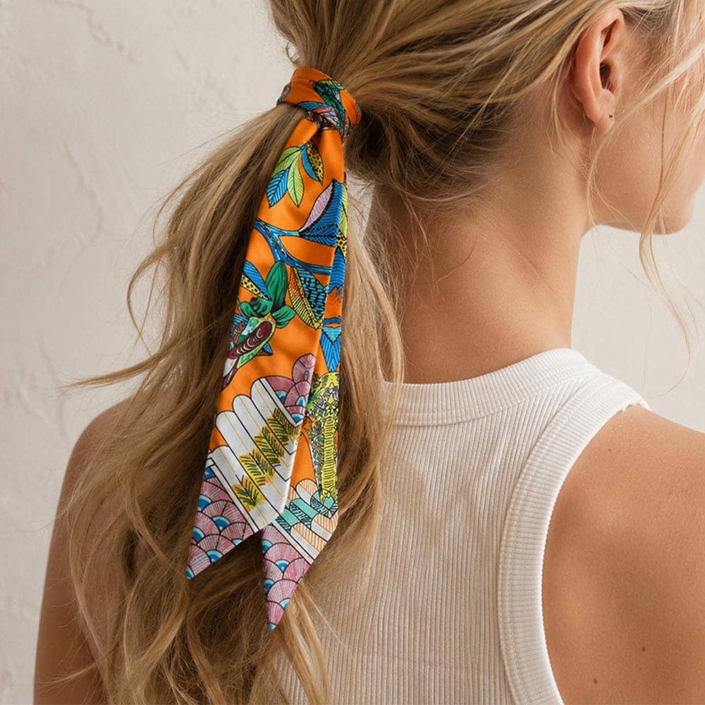 Abstract Bird Motif Print Skinny Twilly Scarf: Ivory