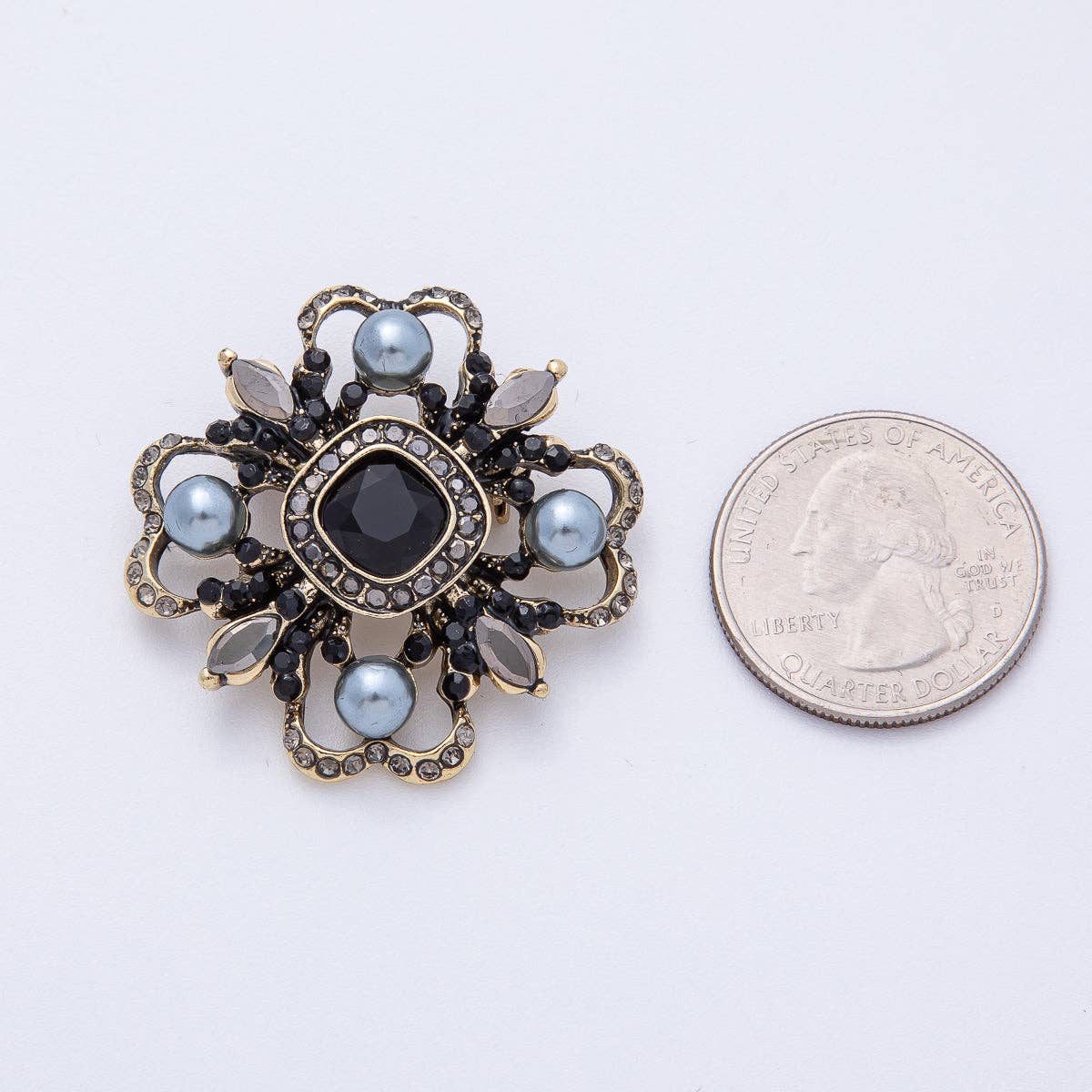 Vintage Antique Gold Black, Green Rhinestone Flower Blue Black Gray Crystal Brooch Pin | BH-00006 BH-00007: Grey