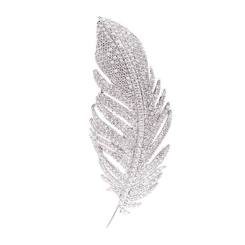 Dainty Full Pave Feather Statement Brooch in Solid Copper: Gold