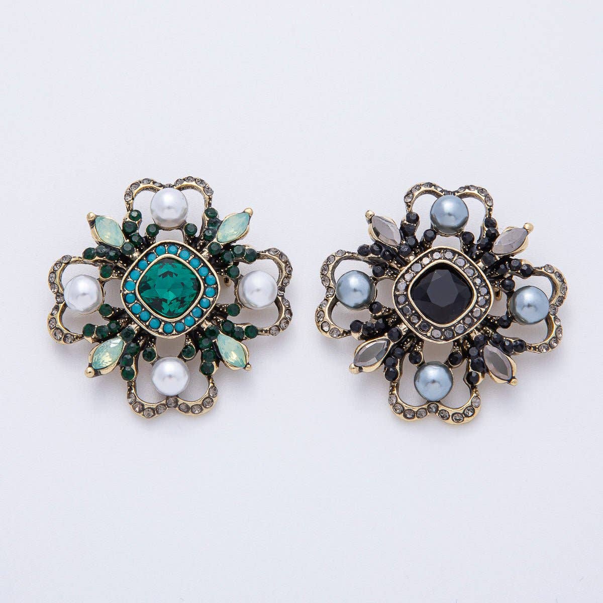 Vintage Antique Gold Black, Green Rhinestone Flower Blue Black Gray Crystal Brooch Pin | BH-00006 BH-00007: Grey