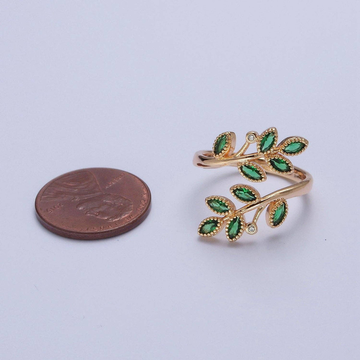 Gold Olive Leaf Ring Green Pave Olive Leaf Ring Adjustable Ring O-2210