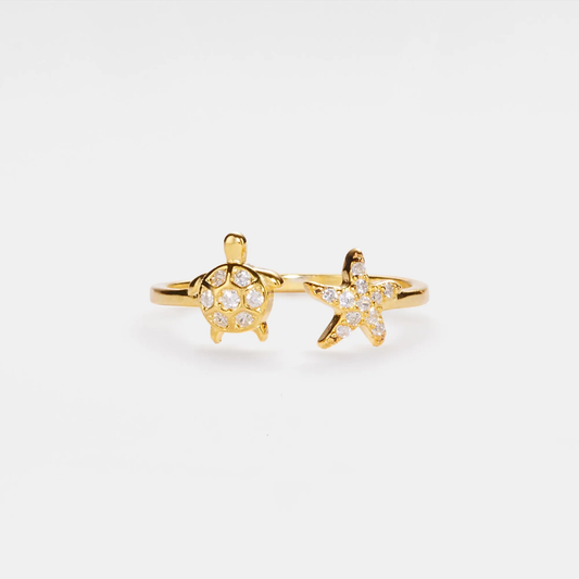 Gold Sea Turtle Starfish Beach Ring in 925 Sterling Silver: Gold