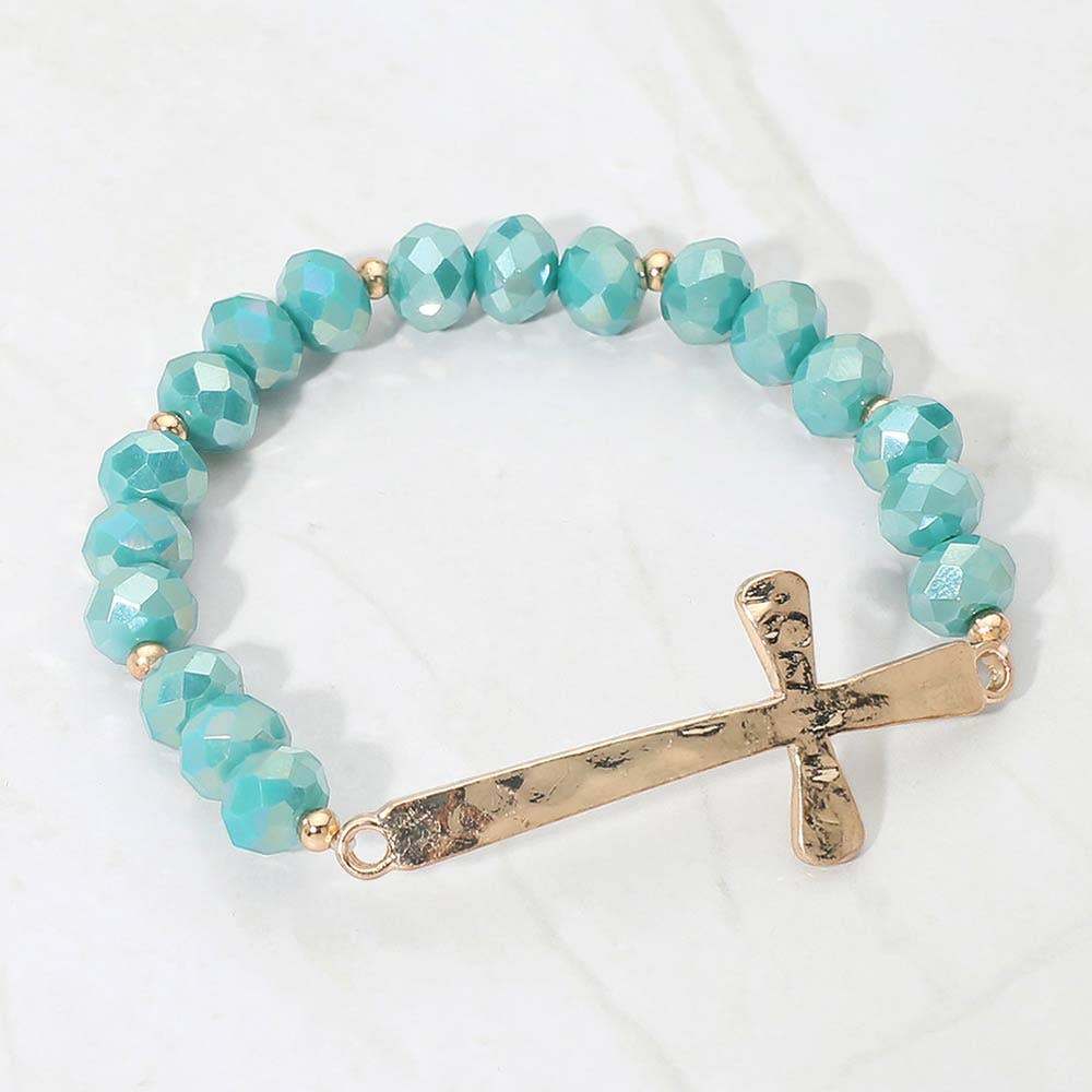 Brushed Hammered Metal Cross Accent Faceted Beaded Stretch Bracelet: Yellow