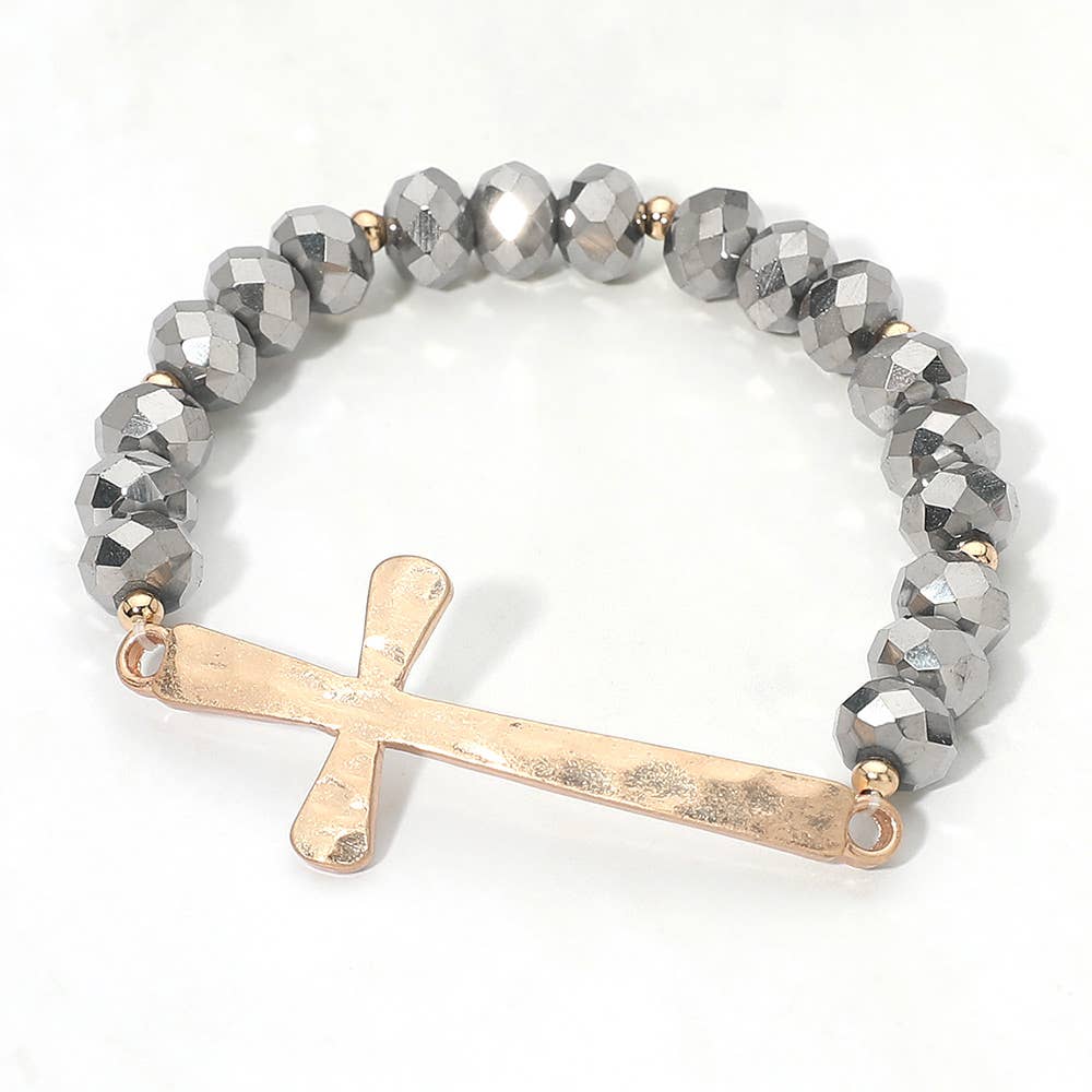 Brushed Hammered Metal Cross Accent Faceted Beaded Stretch Bracelet: Yellow