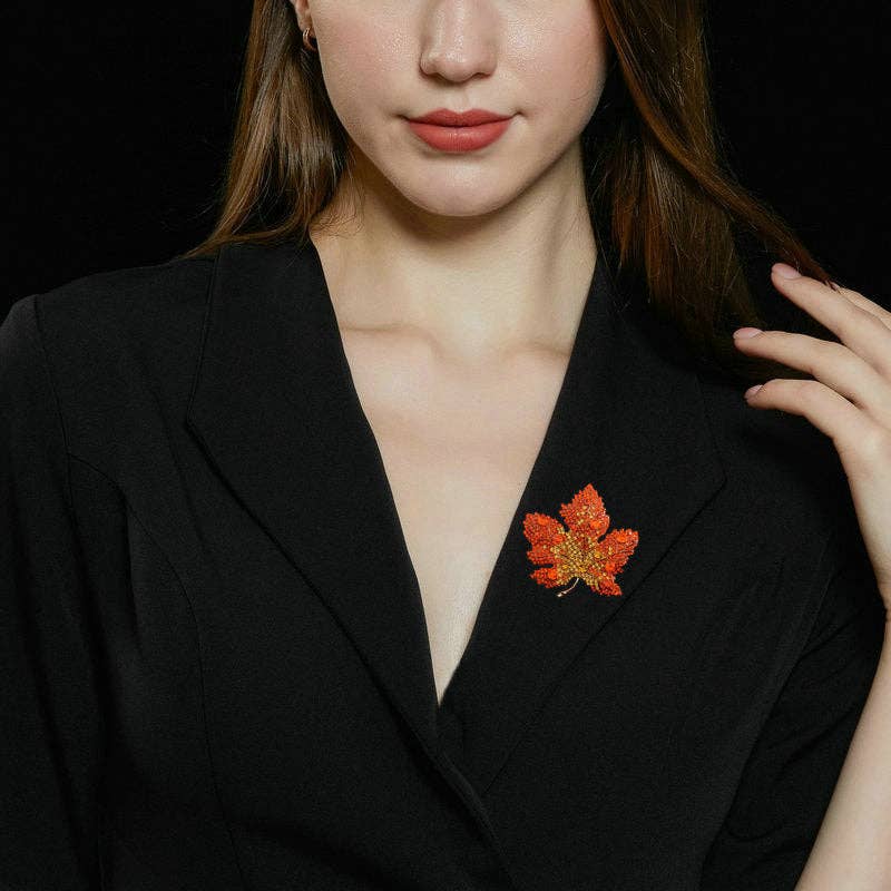 Gold Color Gemstone Maple Leaf Pin Brooch in Stainless Steel: Red