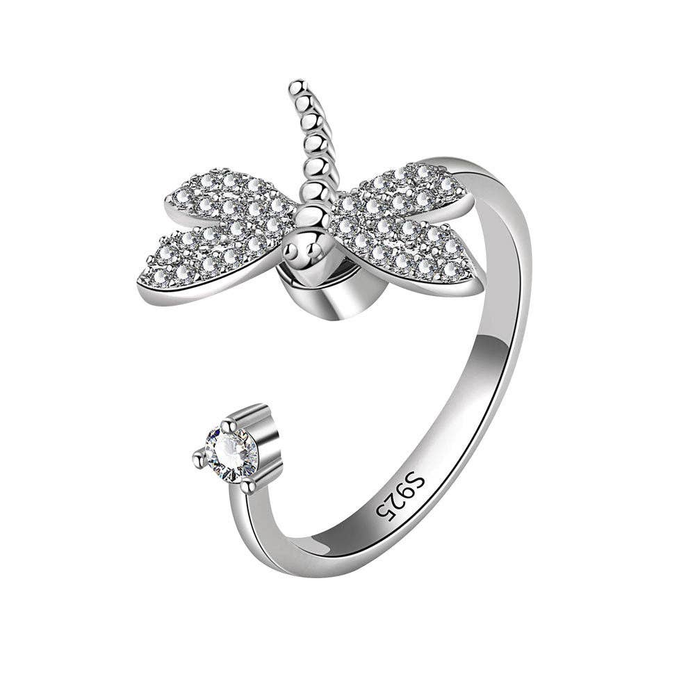 Silver Dragonfly Anxiety Fidget Spinner Ring in Solid Copper