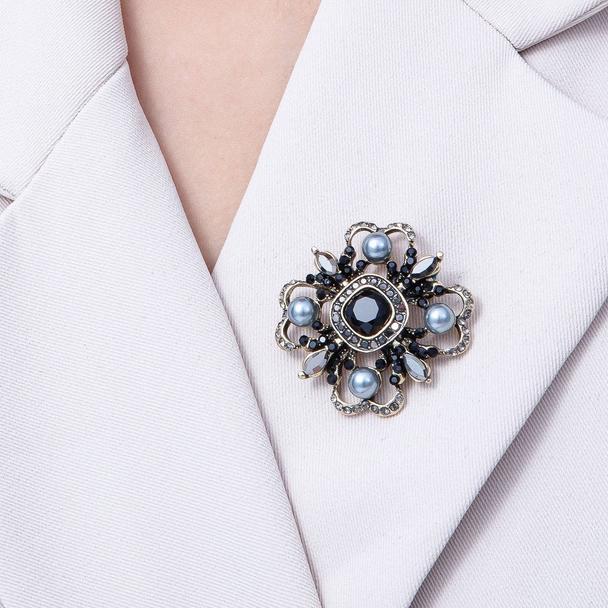 Vintage Antique Gold Black, Green Rhinestone Flower Blue Black Gray Crystal Brooch Pin | BH-00006 BH-00007: Grey