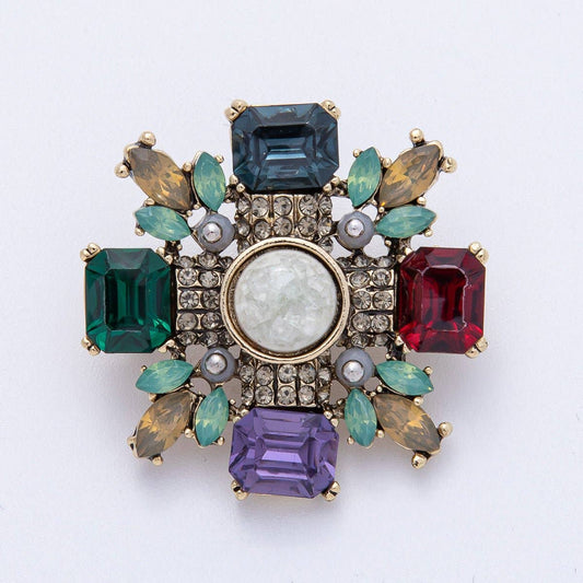 Vintage Antique Gold Multi Color Crystal Brooch Red Geren Blue Cross Crystal Pin | BH-003