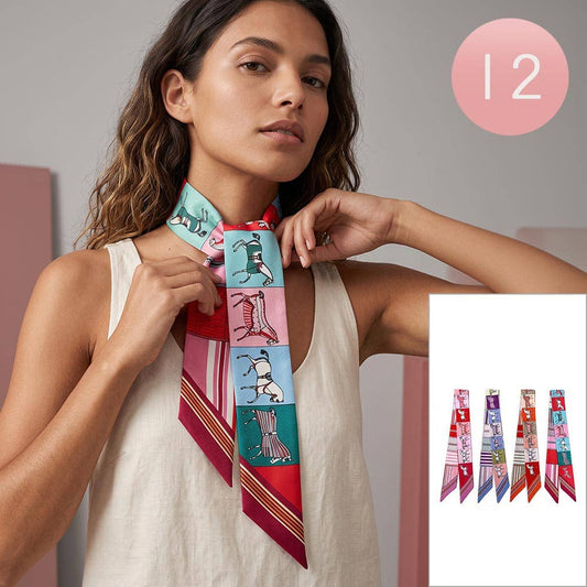 12PCS - Abstract Horse Patchwork Print Twilly Skinny Scarves