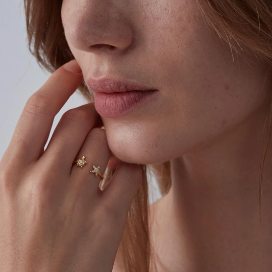 Gold Sea Turtle Starfish Beach Ring in 925 Sterling Silver: Gold
