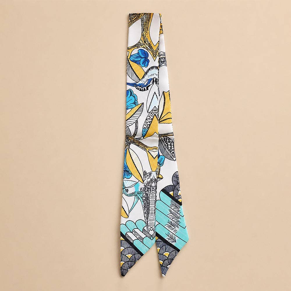 Abstract Bird Motif Print Skinny Twilly Scarf: Ivory