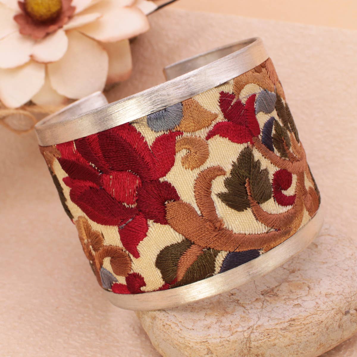 Red Flower Embroidered Elegance Cuff Bracelet