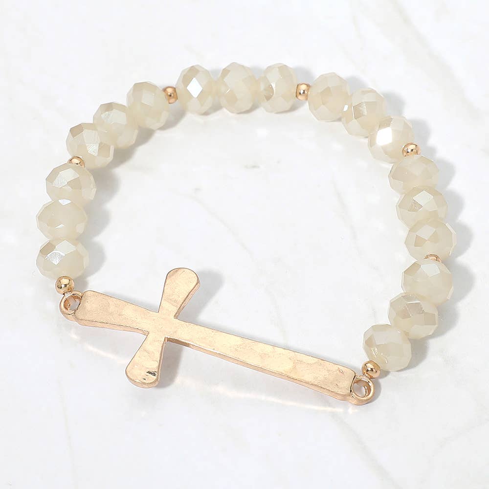 Brushed Hammered Metal Cross Accent Faceted Beaded Stretch Bracelet: Yellow