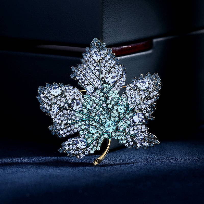 Gold Color Gemstone Maple Leaf Pin Brooch in Stainless Steel: Blue