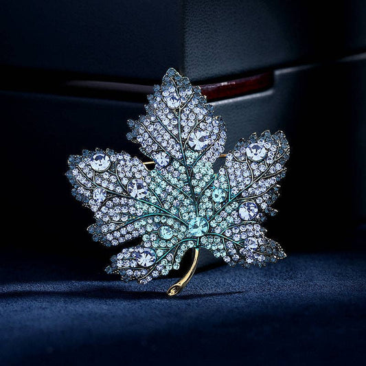 Gold Color Gemstone Maple Leaf Pin Brooch in Stainless Steel: Blue