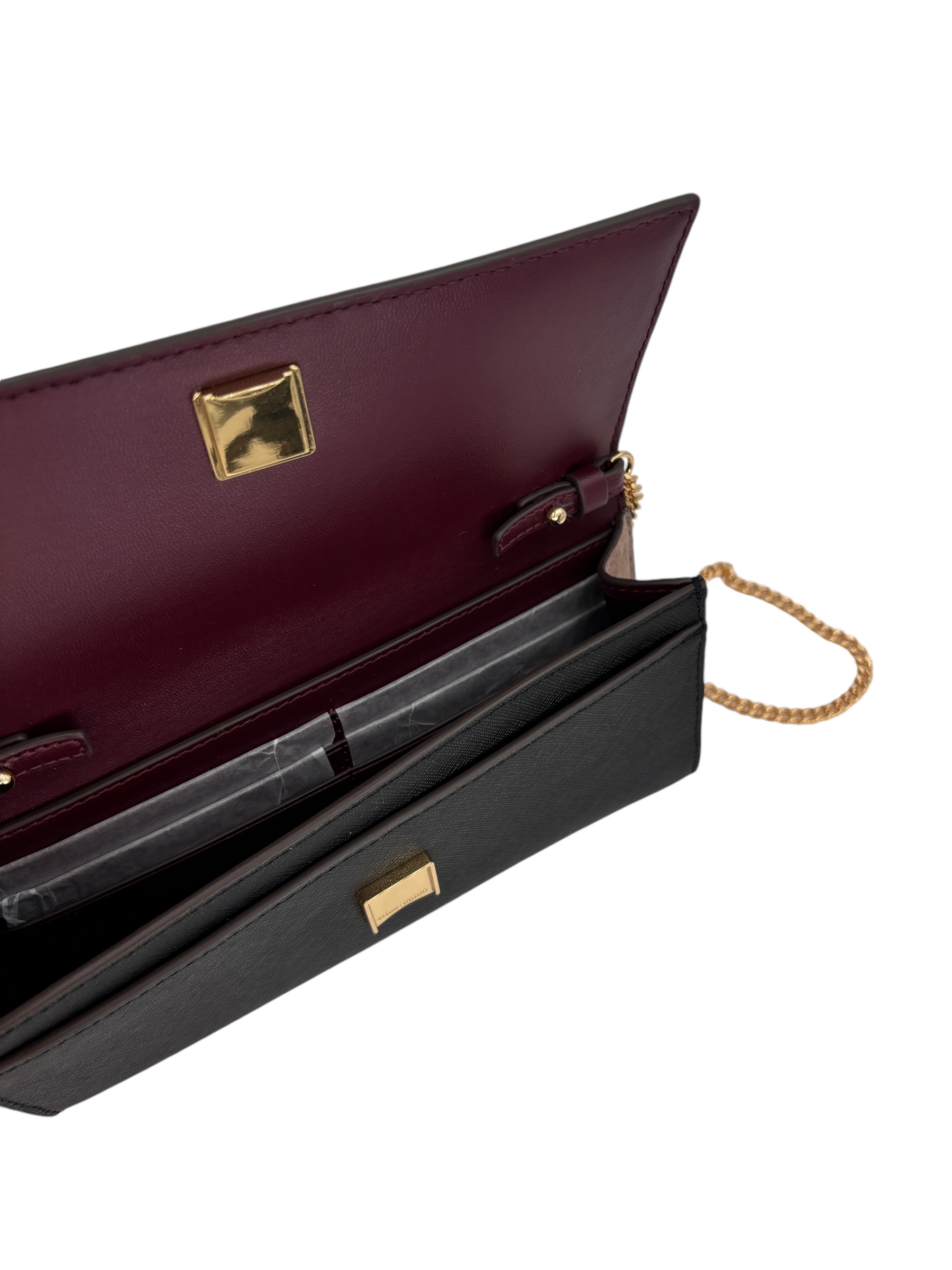 Tory Burch Emerson Color-Block Wallet On A Chain 157097 Port 889 One Size Burgundy & Black w Taupe Suede on the Side & Leather interior w Gold Hardware/Chain - Image 5