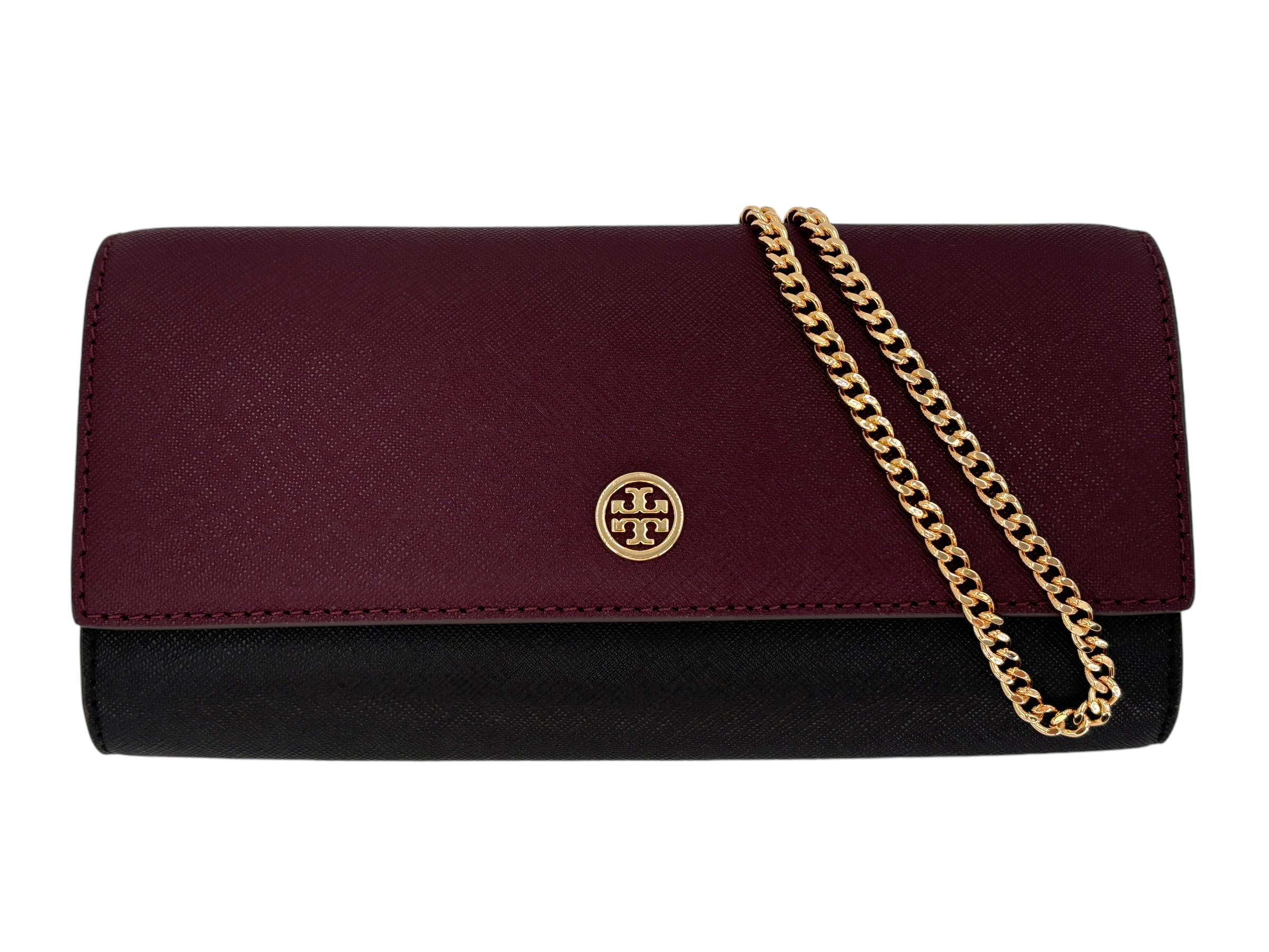 Tory Burch Emerson Color-Block Wallet On A Chain 157097 Port 889 One Size Burgundy & Black w Taupe Suede on the Side & Leather interior w Gold Hardware/Chain
