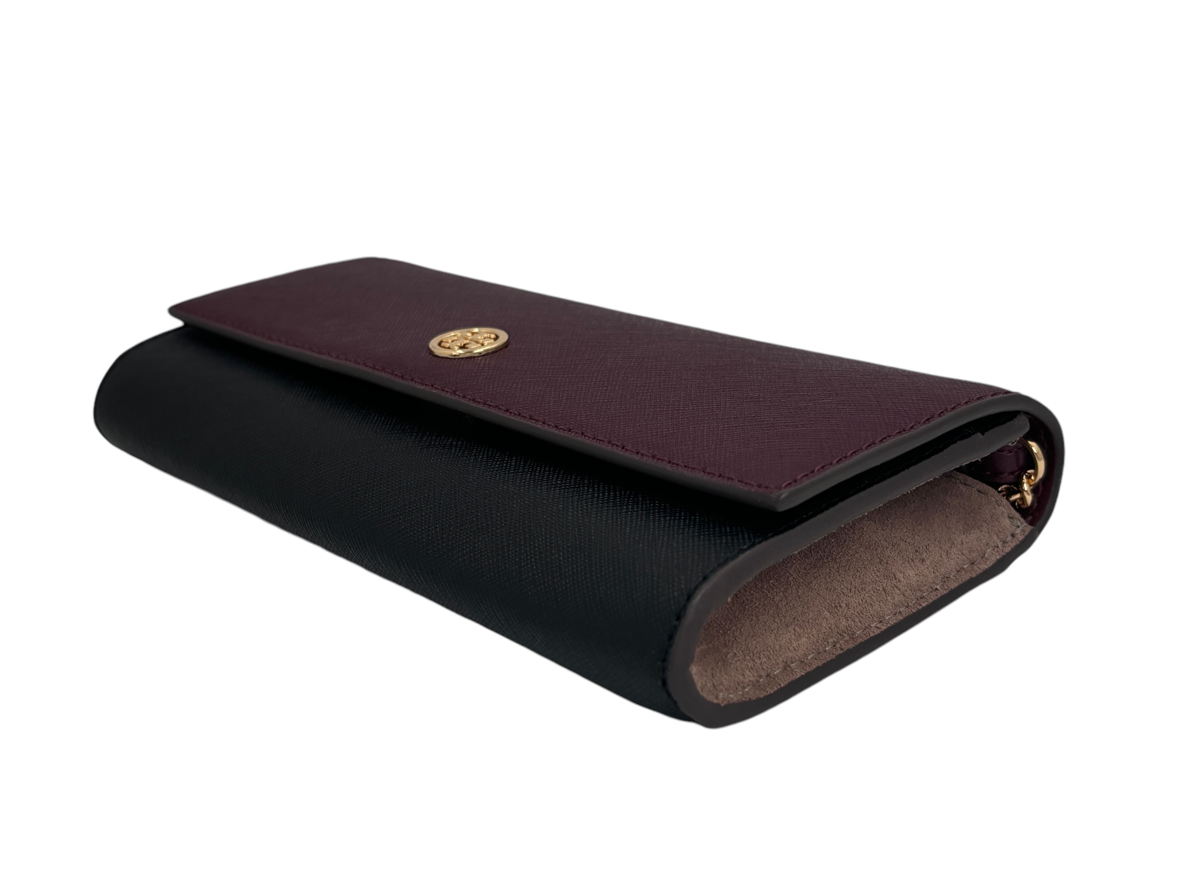 Tory Burch Emerson Color-Block Wallet On A Chain 157097 Port 889 One Size Burgundy & Black w Taupe Suede on the Side & Leather interior w Gold Hardware/Chain - Image 2