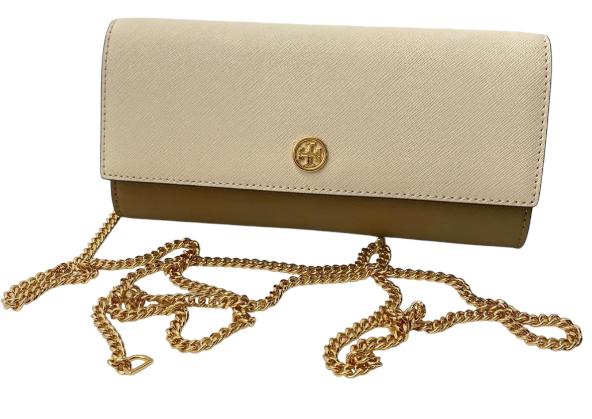 Tory Burch Emerson Color-Block Wallet On A Chain 157097 Brie/Almond Flour, Ivory & Brown w Taupe Suede on the Side; Leather interior w Gold Hardware/Chain - Image 9