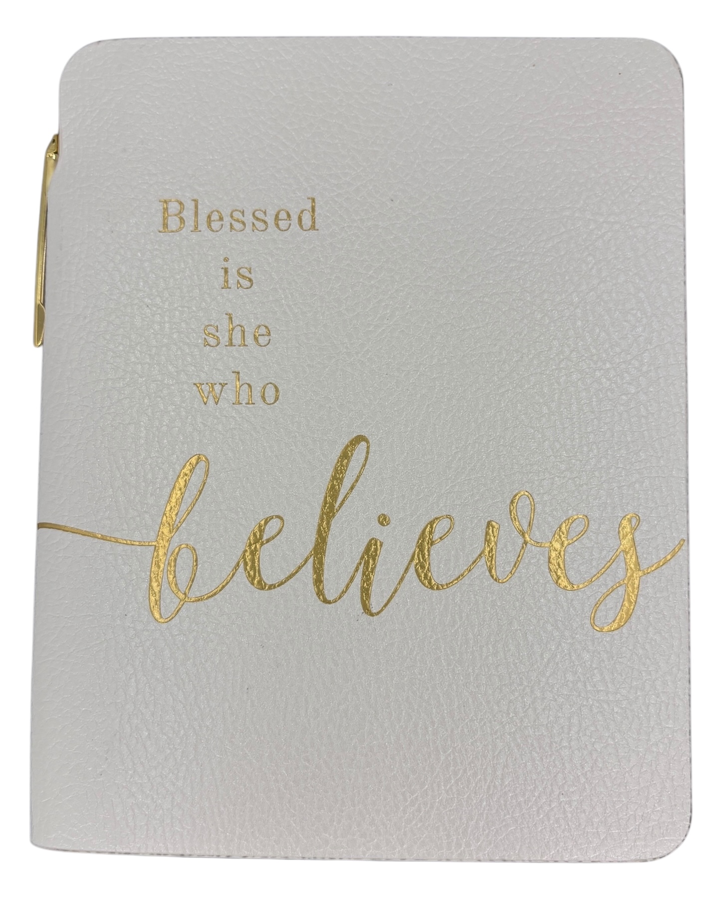 Eccolo Pocket Pen Journal "Blessed is she who believes", 192 Lined Page Super Flexible Notebook, 5.75 x 4.5, Pen Included, Glossed White