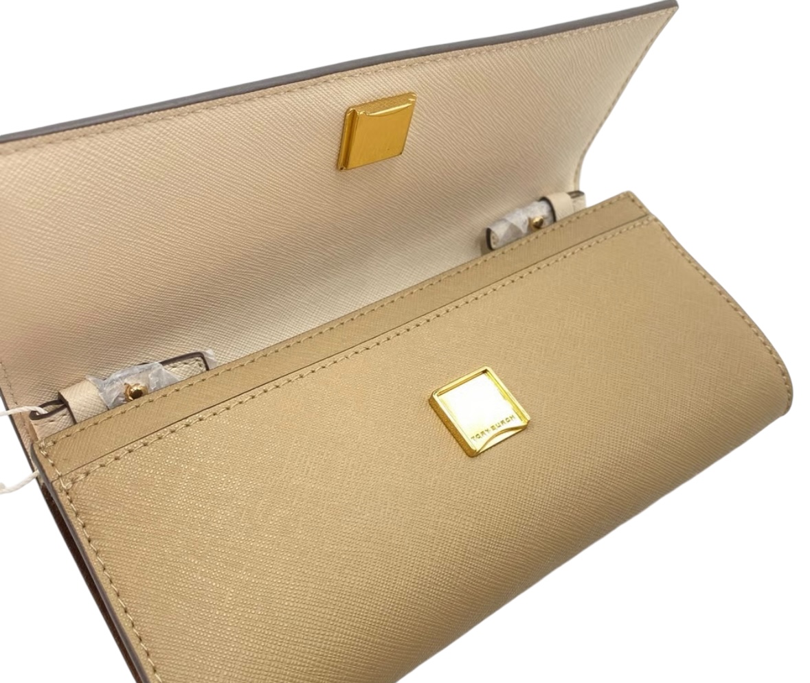 Tory Burch Emerson Color-Block Wallet On A Chain 157097 Brie/Almond Flour, Ivory & Brown w Taupe Suede on the Side; Leather interior w Gold Hardware/Chain - Image 7