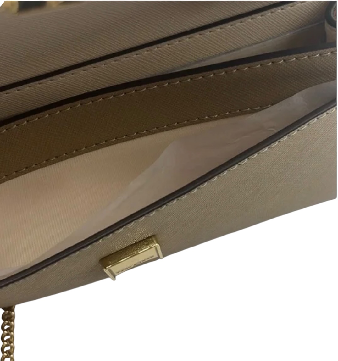 Tory Burch Emerson Color-Block Wallet On A Chain 157097 Brie/Almond Flour, Ivory & Brown w Taupe Suede on the Side; Leather interior w Gold Hardware/Chain - Image 2