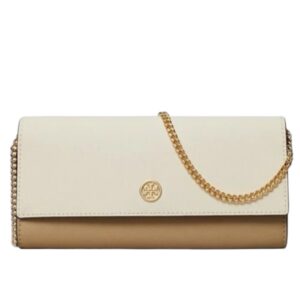 Tory Burch Emerson Color-Block Wallet On A Chain 157097 Brie/Almond Flour, Ivory & Brown w Taupe Suede on the Side; Leather interior w Gold Hardware/Chain