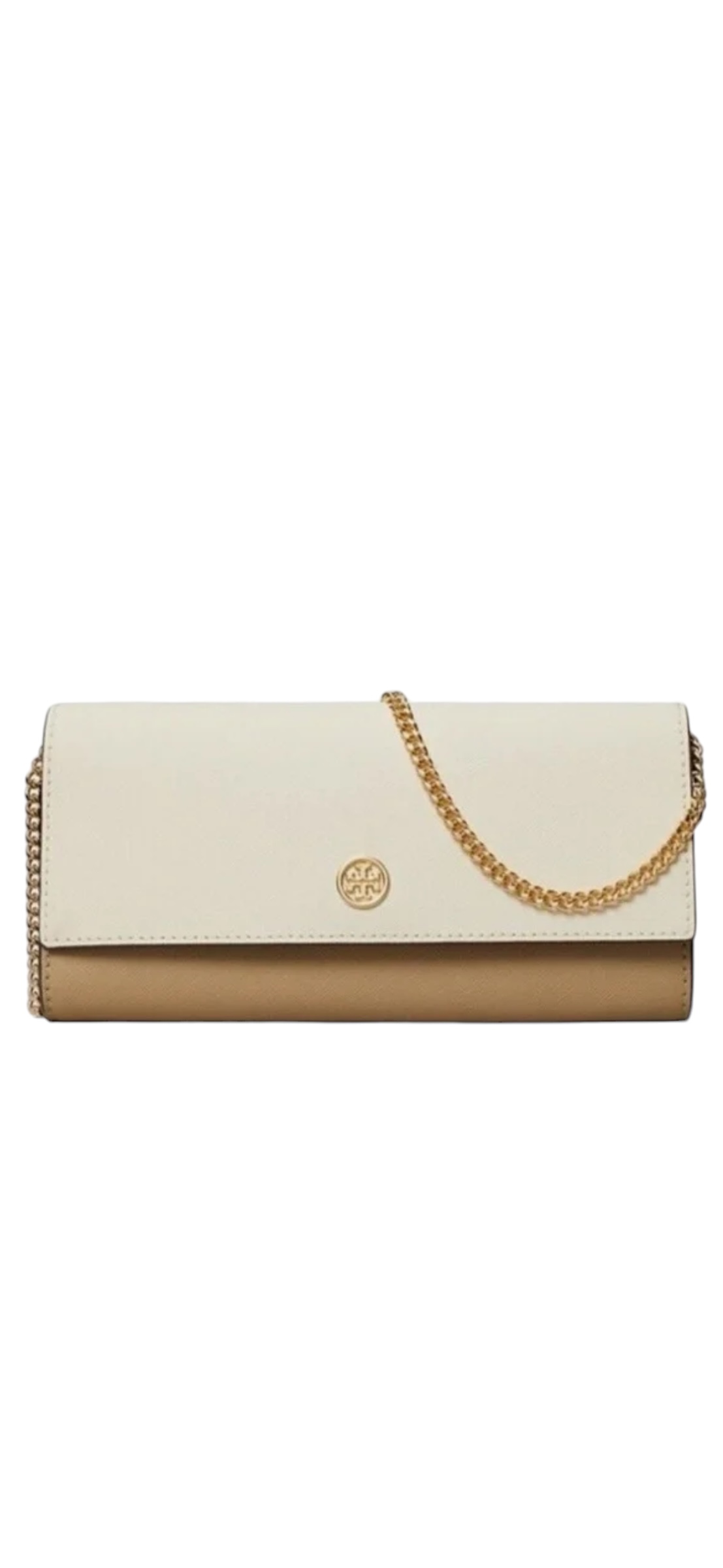 Tory Burch Emerson Color-Block Wallet On A Chain 157097 Brie/Almond Flour, Ivory & Brown w Taupe Suede on the Side; Leather interior w Gold Hardware/Chain