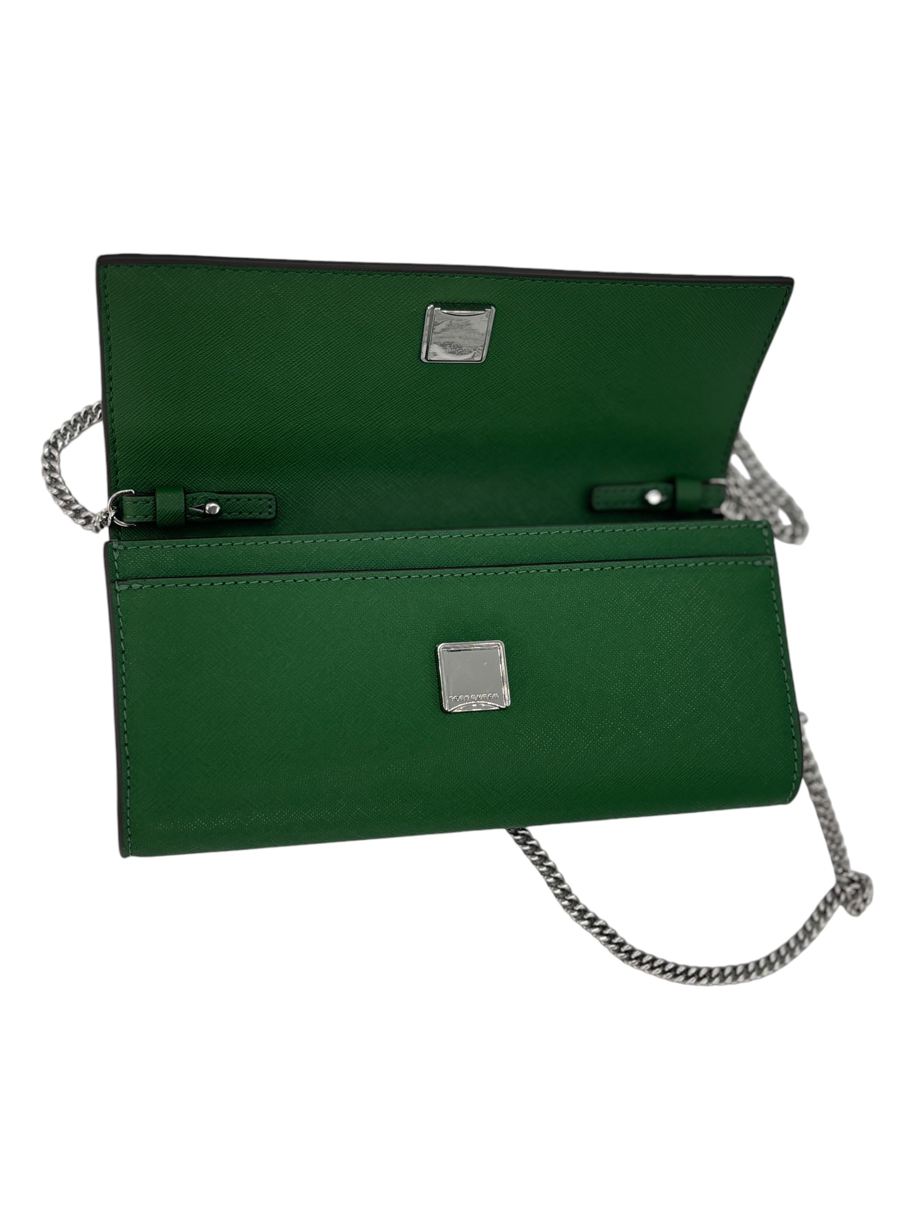 Tory Burch Emerson Saffiano Leather Color-Block Wallet On a Chain 157098 Arugula 367 One Size Green w Silver Hardware/Chain - Image 5