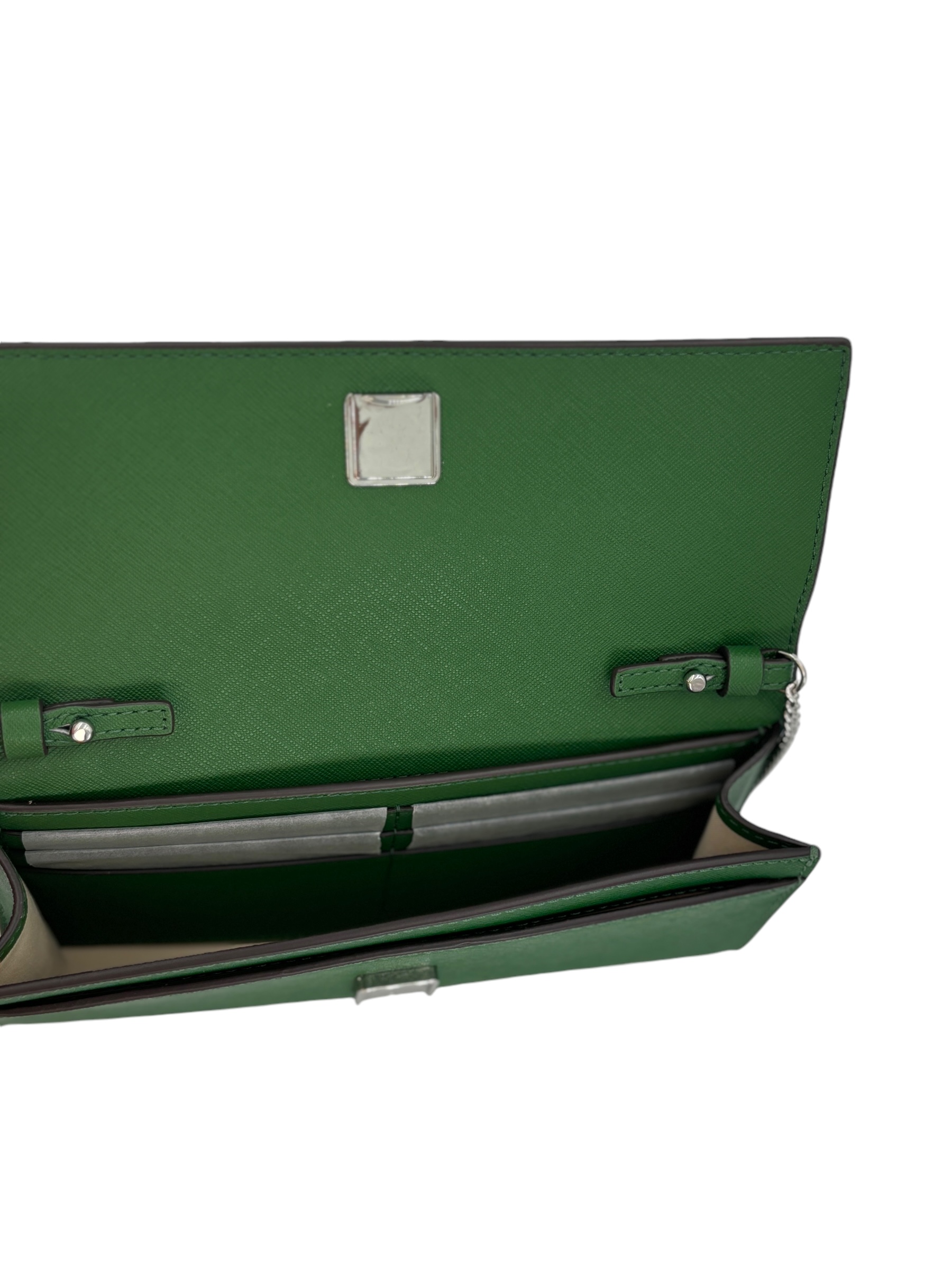 Tory Burch Emerson Saffiano Leather Color-Block Wallet On a Chain 157098 Arugula 367 One Size Green w Silver Hardware/Chain - Image 6