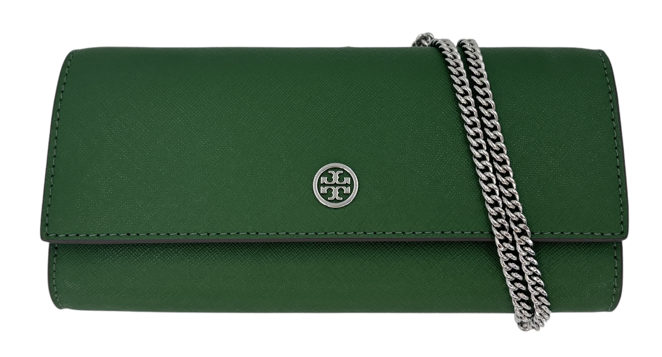Tory Burch Emerson Saffiano Leather Color-Block Wallet On a Chain 157098 Arugula 367 One Size Green w Silver Hardware/Chain