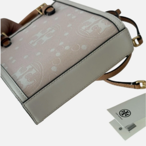 Tory Burch Mini T Monogram Tote w Leather Trim Crossbody Pale Pink NWT - Image 3