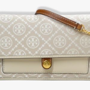 Tory Burch Woven T Monogram Jacquard Leather Trims Chain Crossbody Mini Ivory