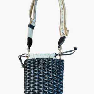 Tory Burch Emerson Mini Bucket Bag, Black Woven Leather, Floral Adjustable Strap