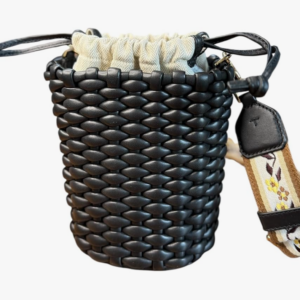 Alternative view of Tory Burch Emerson Mini Bucket Bag, Black Woven Leather, Floral Adjustable Strap
