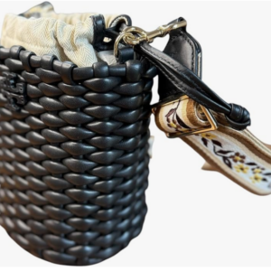 Tory Burch Emerson Mini Bucket Bag, Black Woven Leather, Floral Adjustable Strap - Image 3