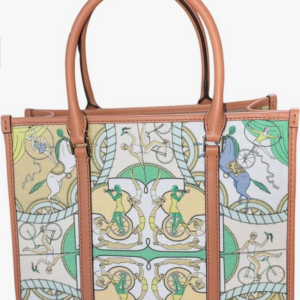 Tory Burch Blake Small Tote, Canvas w Bicycle Print, Green, Brown Leather Trim - Image 5