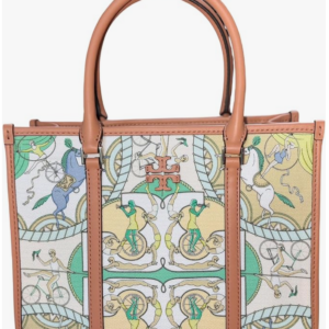 Tory Burch Blake Small Tote, Canvas w Bicycle Print, Green, Brown Leather Trim - Image 6
