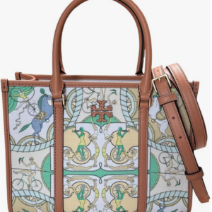 Tory Burch Blake Small Tote, Canvas w Bicycle Print, Green, Brown Leather Trim - Image 7