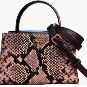 Tory Burch Britten Mini Satchel, Snake Embossed Leather, Brown and Beige Pattern