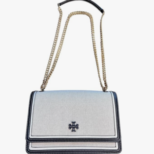 Tory Burch Emerson Canvas Shoulder Bag, Black Leather Trim, Gold Chain Strap, 10