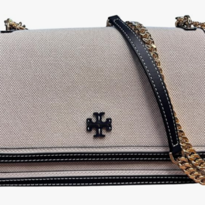 Tory Burch Emerson Canvas Shoulder Bag, Black Leather Trim, Gold Chain Strap, 10 - Image 6
