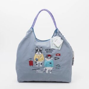 Kusuguru Embroidered cat Nylon Shoulder Tote Bag - Dusty Blue