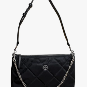 Tory Burch nwt Willa Quilted Nylon Zip Shoulder Bag Black Silver Hardware