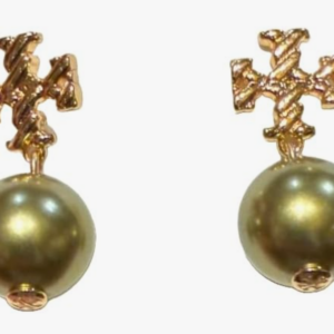 Tory Burch Textured Rope Logo Pearl Drop Earring (Gold Plated Pearl)