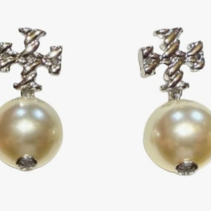Tory Burch Textured Rope Logo Pearl Drop Earring (Tory Silver Pearl)