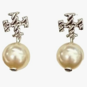Tory Burch Textured Rope Logo Pearl Drop Earring (Tory Silver Pearl) - Image 3