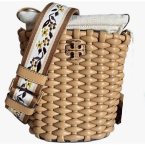 Tory Burch Emerson Woven Mini Bucket Bag Ginger Shortbread Beige